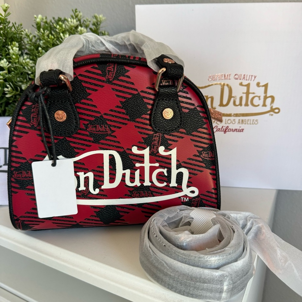 NWT Von Dutch Red and Black Plaid Bowling Crossbody Bag Y2K Retro - Picture 7 of 9